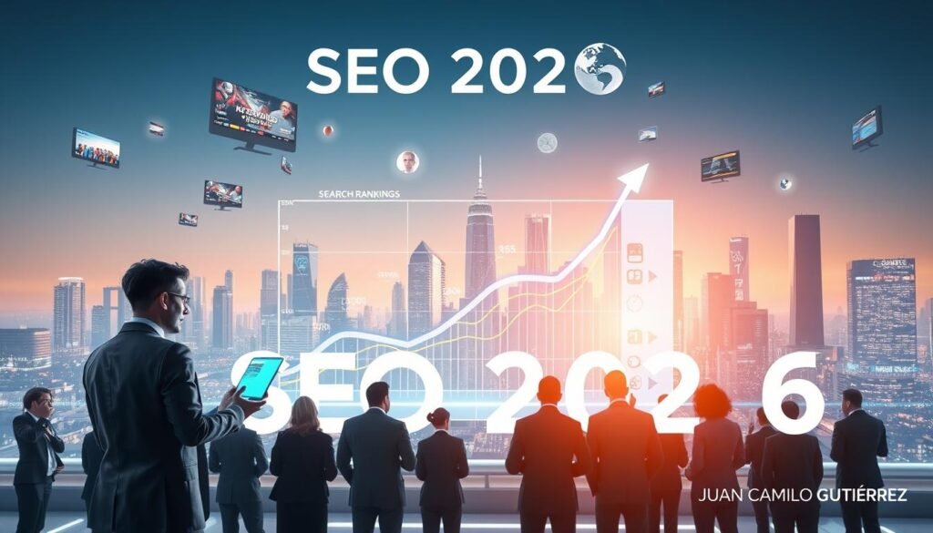 A futuristic digital landscape representing the concept of "SEO 2026". In the foreground, a diverse group of business professionals in smart business attire, analyzing data on holographic screens. The middle ground features a large 3D graph displaying upward trends in search rankings and website traffic, surrounded by digital elements like keywords and SEO icons. In the background, a sleek city skyline with advanced technology and floating advertisements signifies a connected digital world. The lighting is bright and vibrant, creating an optimistic atmosphere. The image is captured from a slightly elevated angle, giving a sense of depth and dynamism. Ensure the branding of "Juan Camilo Gutiérrez" is subtly incorporated into the design. A futuristic digital landscape representing the concept of "SEO 2026". In the foreground, a diverse group of business professionals in smart business attire, analyzing data on holographic screens. The middle ground features a large 3D graph displaying upward trends in search rankings and website traffic, surrounded by digital elements like keywords and SEO icons. In the background, a sleek city skyline with advanced technology and floating advertisements signifies a connected digital world. The lighting is bright and vibrant, creating an optimistic atmosphere. The image is captured from a slightly elevated angle, giving a sense of depth and dynamism. Ensure the branding of "Juan Camilo Gutiérrez" is subtly incorporated into the design.