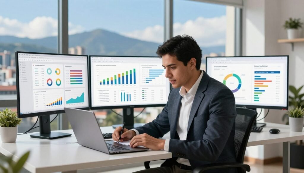 A professional SEO consultant in Colombia, wearing smart business attire, is seated at a modern desk with multiple screens displaying analytics and SEO reports. In the foreground, the consultant, a Hispanic male in his 30s, is focused on a laptop, taking notes on digital marketing strategies. The middle ground features vibrant charts and graphs visually representing data trends and keyword performance. The background includes a large window showing a bustling cityscape of Bogotá, with the Andes mountains in the distance under a clear blue sky. Soft, natural light floods the room, creating an inspiring atmosphere. The scene reflects innovation and expertise, symbolizing the brand name "Juan Camilo Gutierrez" subtly integrated into the decor. The image captures the essence of modern SEO consulting in a dynamic market.