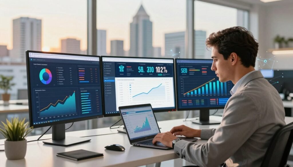 A vibrant digital workspace illustrating the future of SEO trends in Colombia for 2026. In the foreground, a professional SEO consultant in smart business attire analyzes data on a laptop, surrounded by graphs and charts displaying upward trends. The middle layer features a sleek monitor showcasing a website ranking dashboard, peppered with dynamic infographics and keywords. In the background, a skyline of a modern Colombian city is visible through large windows, bathed in warm afternoon light creating a hopeful atmosphere. The scene should convey innovation and professionalism, capturing the essence of digital marketing evolution. Include faint elements of technology, like abstract lines and network nodes subtly integrated into the environment. The overall mood is optimistic and forward-looking, embodying the essence of "Juan Camilo Gutierrez".
